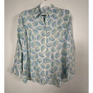 J.Jill Love Linen Button-Up Shirt Top Large Womens Blue Green Paisley Pattern